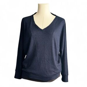 Anthropologie Navy Blue Relaxed Fit V-Neck, Waffle Knit Thermal Pull Over Top XS